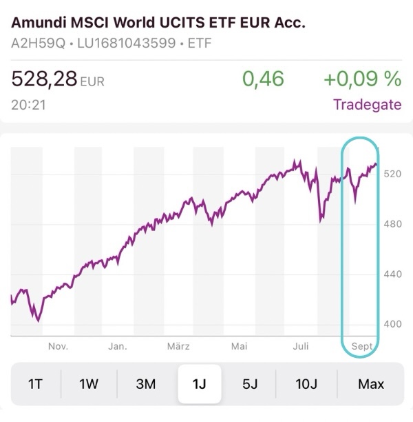 Chart des MSCI World ETF für die letzten 12 Monate (Oktober 2023 - September 2024) 