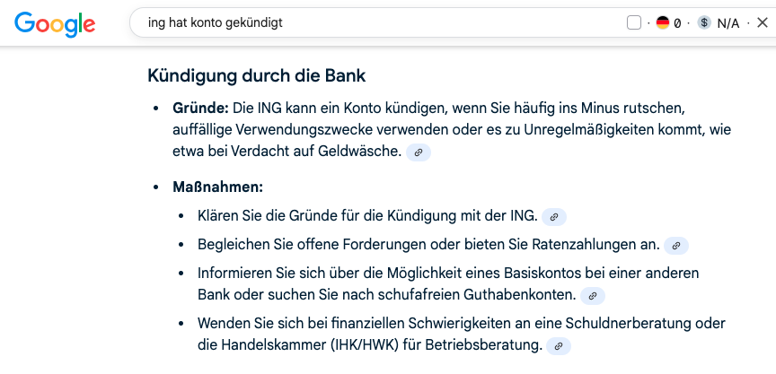Mögliche Kündigungsgründe der ING lt. KI der Google-Suche